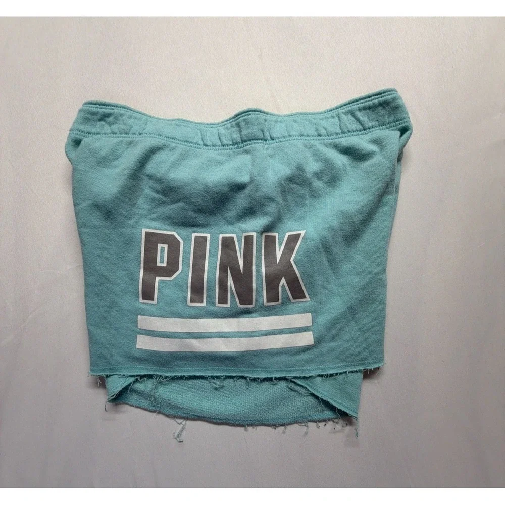 PINK Victoria's Secret Athletic Shorts Womens XS Aqua Blue‎ Graphic Logo Raw Hem